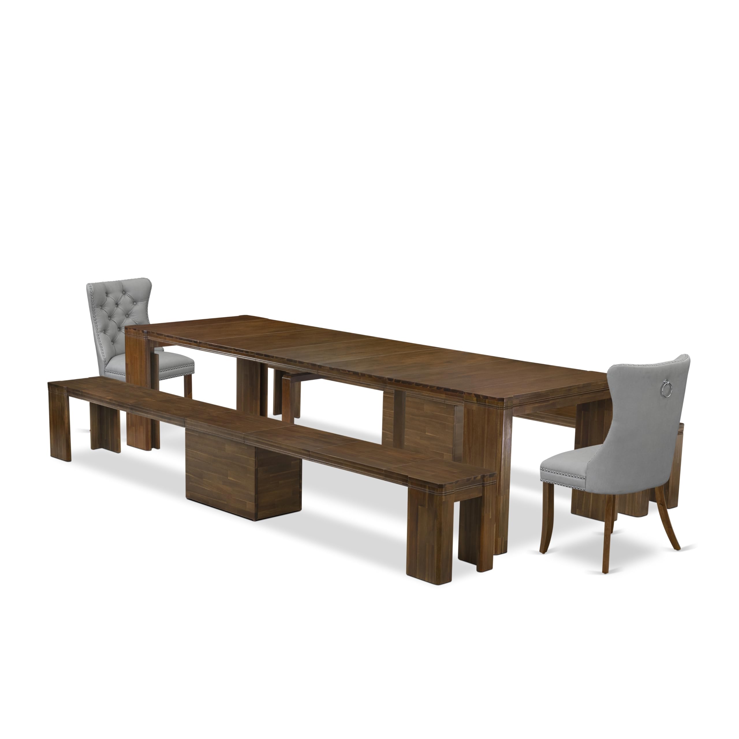 Luxe by East West Furniture - X02DA-208-27 - 5 Pieces Dining Set Includes an Extendable Rectangle Kitchen Table, 2 Dining Chairs and 2 Modern Benches, 39x120 Inch, Antique Walnut